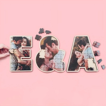 个性化拼图相框,带有我爱你的12个理由,定制照片情侣木制标志装饰品婚礼和房屋装饰,适合生日情人节（字母）