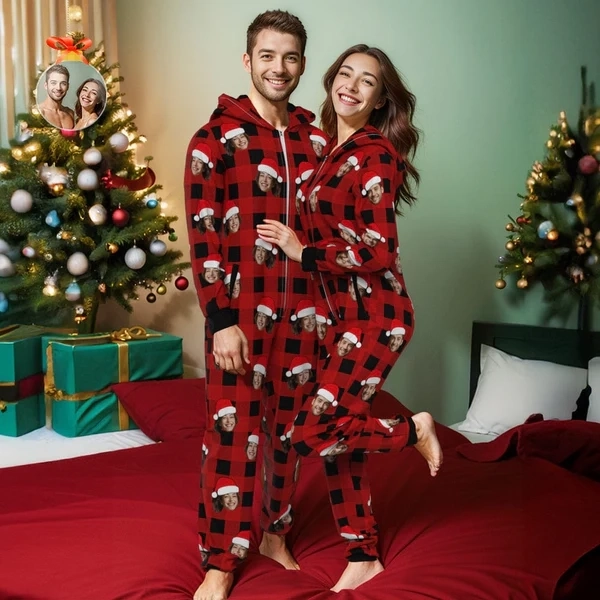 定制连体衣照片睡衣连体睡衣红黑格子连身裤家居服圣诞礼物 (2)