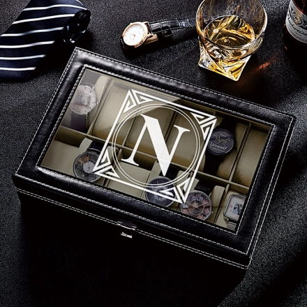 定制刻字6格手表收纳盒带玻璃展示窗-黑色高档手表收藏盒