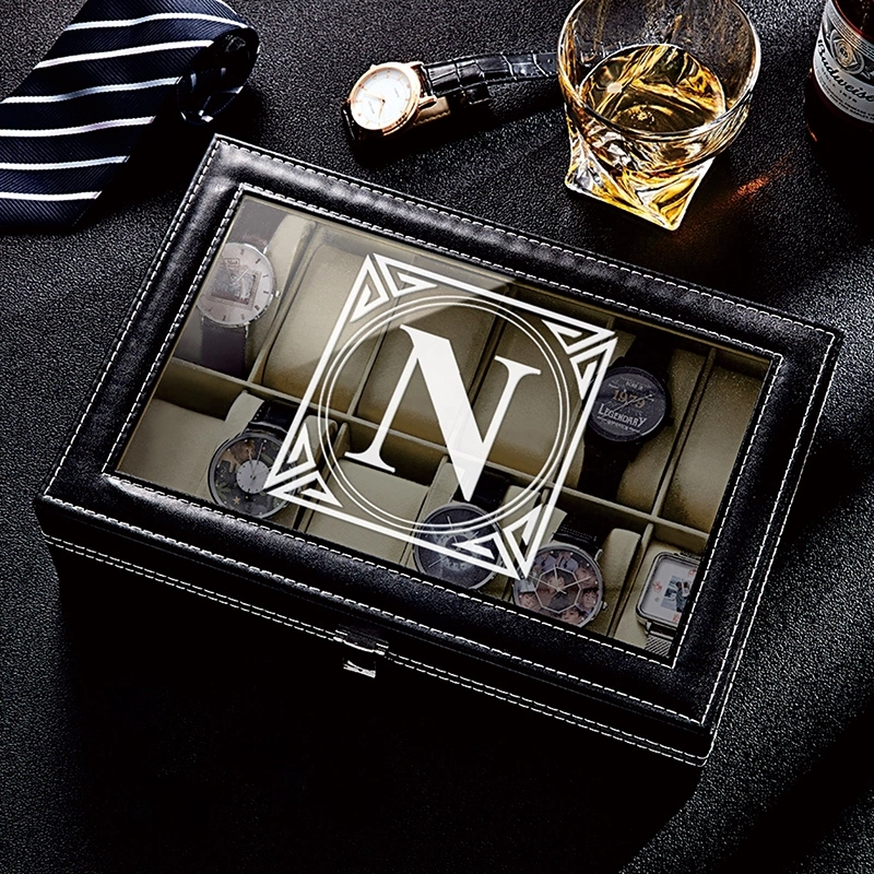 定制刻字6格手表收纳盒带玻璃展示窗-黑色高档手表收藏盒