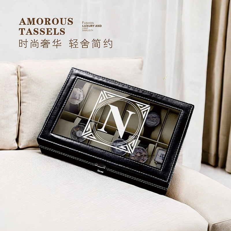 定制刻字6格手表收纳盒带玻璃展示窗-黑色高档手表收藏盒 (2)