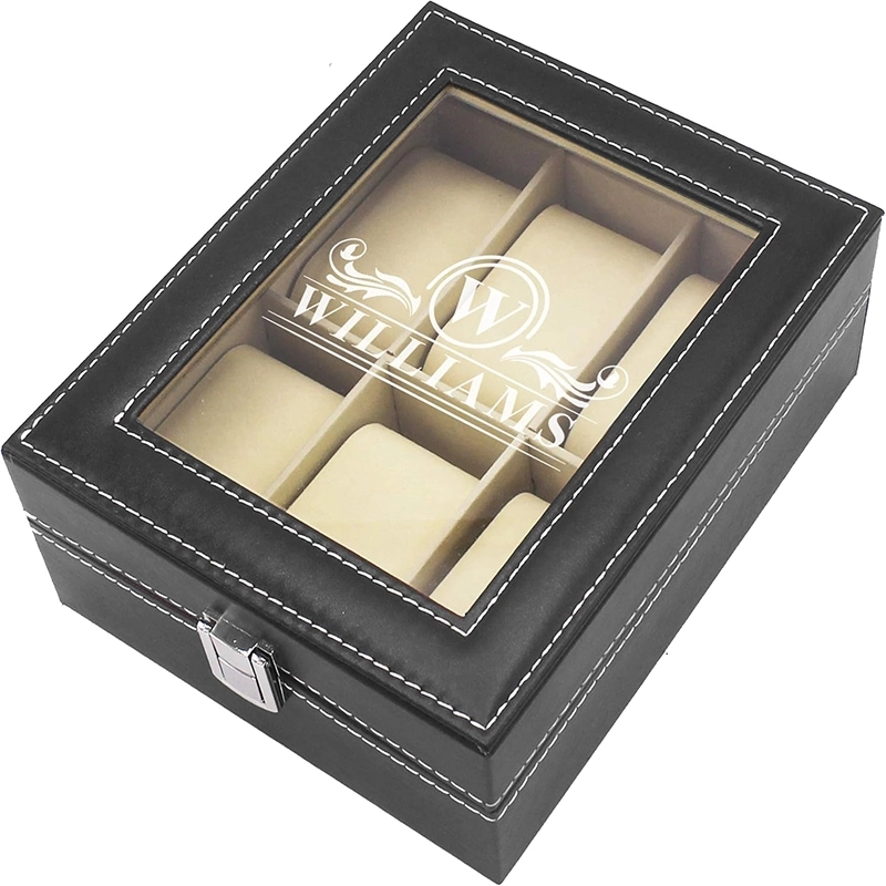 定制刻字6格手表收纳盒带玻璃展示窗-黑色高档手表收藏盒 (3)