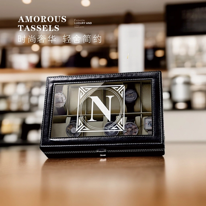 定制刻字6格手表收纳盒带玻璃展示窗-黑色高档手表收藏盒 (5)