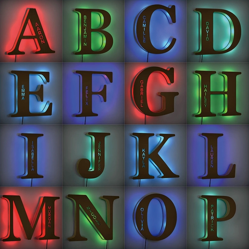 自定义发光字母灯-彩色七色可调夜灯| 个性化定制木质字母墙壁灯,带遥控器 (3)